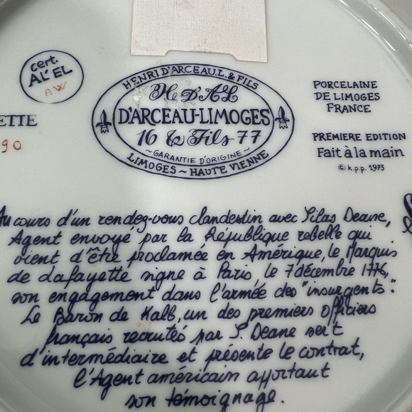 Vintage 1973 Porcelain plate D’arceau-Limoges, Marquis De Lafayette 1776 - Picture 5 of 5